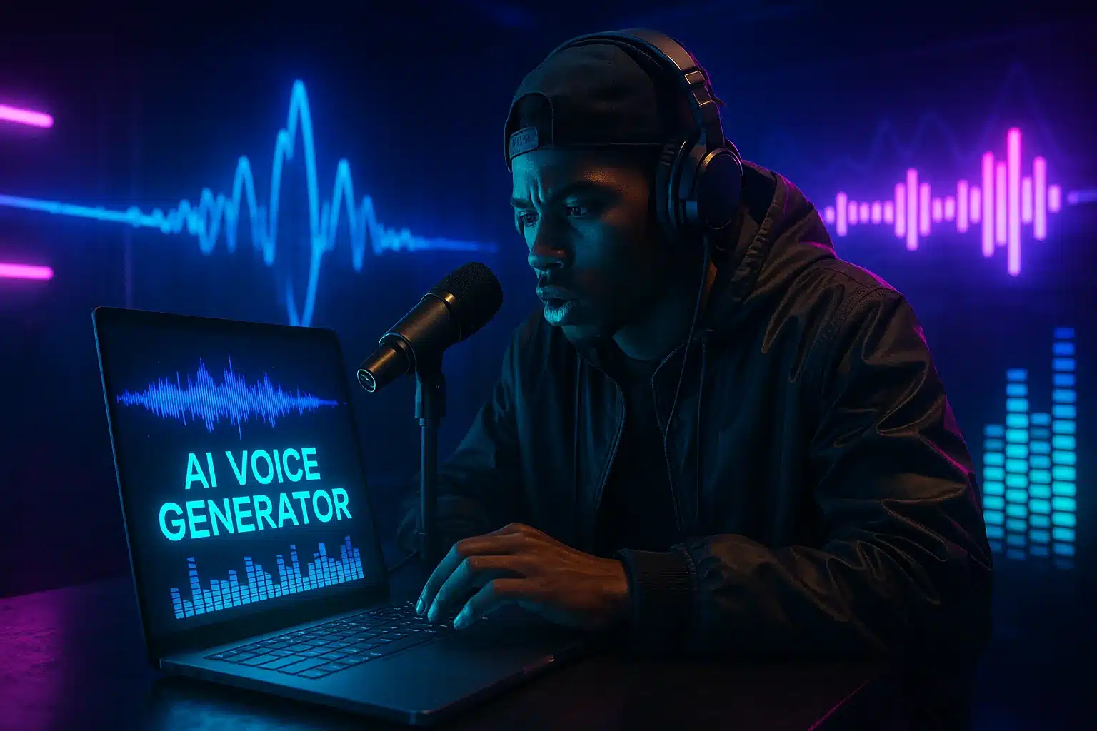 Young music creator using an AI rapper voice generator on a laptop in a futuristic studio, with neon sound waves and digital music interface.