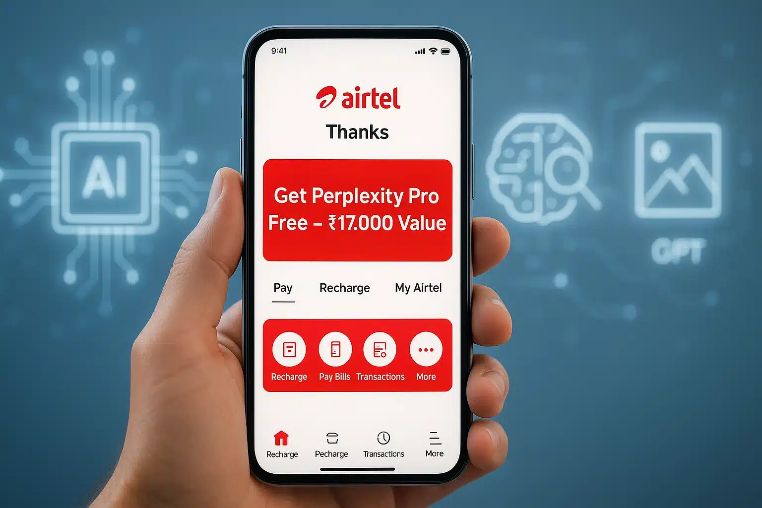 Smartphone showing Airtel Thanks app with free Perplexity Pro banner in a modern tech-style background