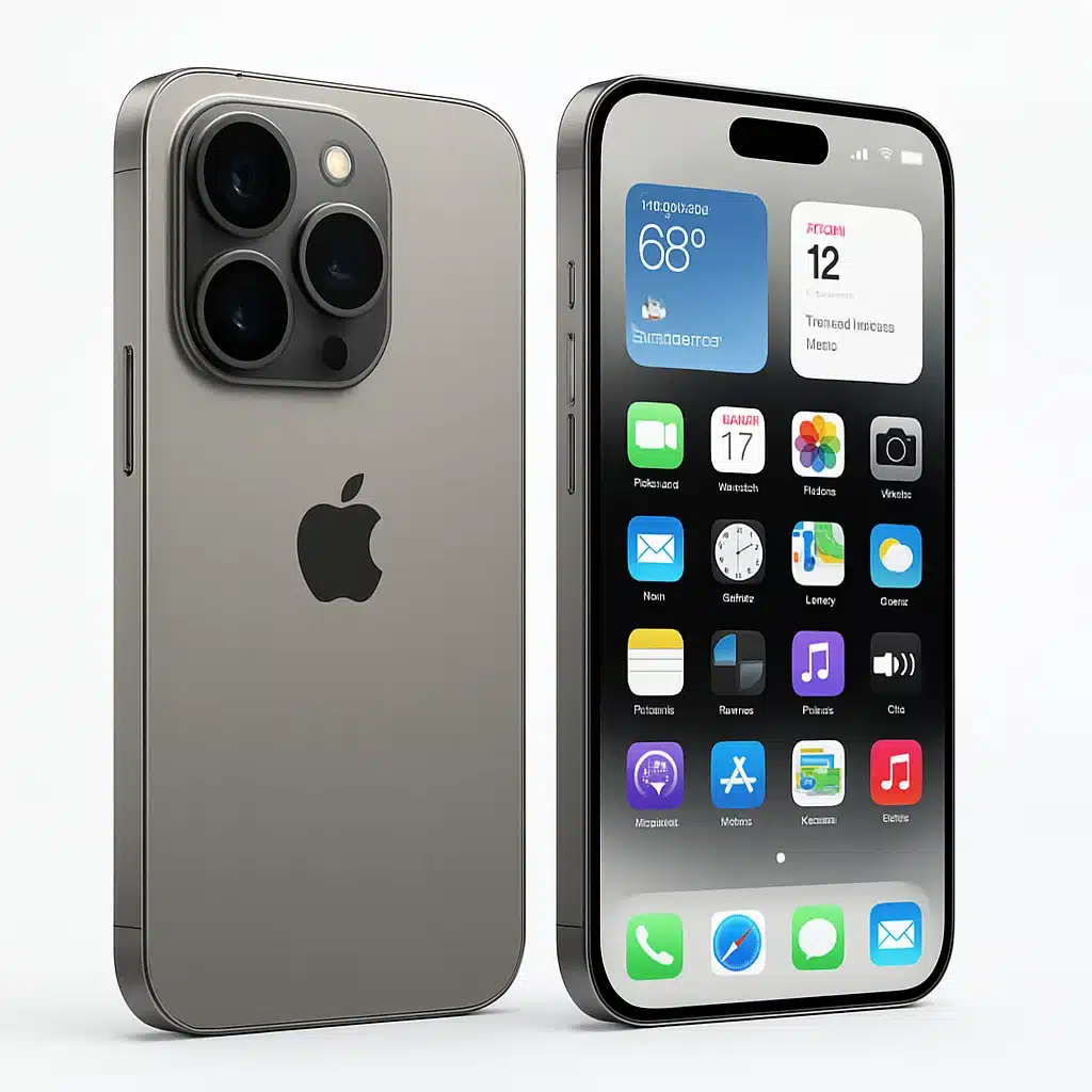 Apple iPhone 17 Pro Max front and back view showing camera layout and titanium body