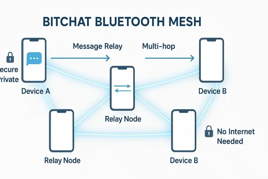 Diagram showing Bitchat Bluetooth mesh message hopping between phones