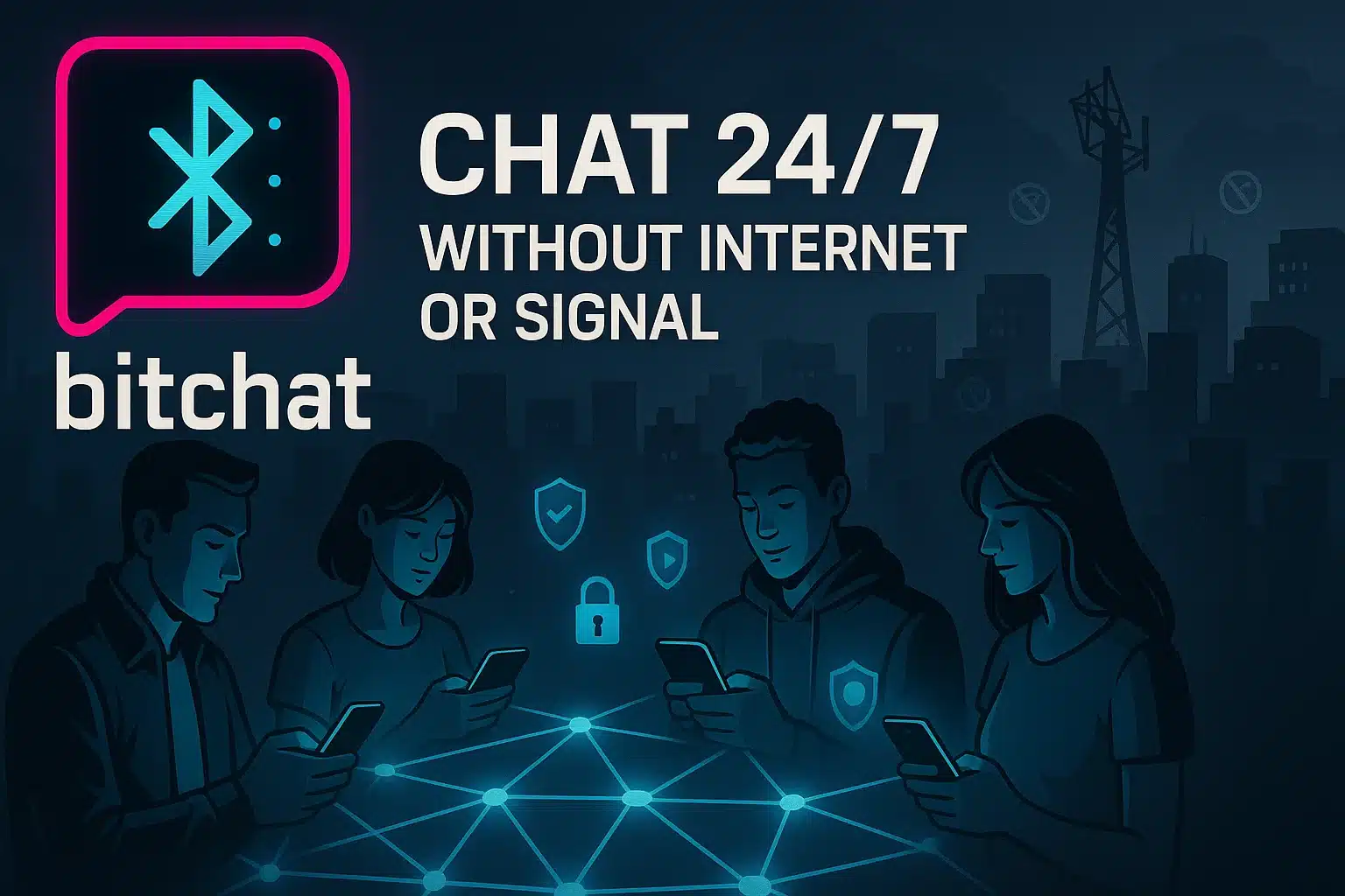 Bitchat logo with glowing mesh network showing offline communication