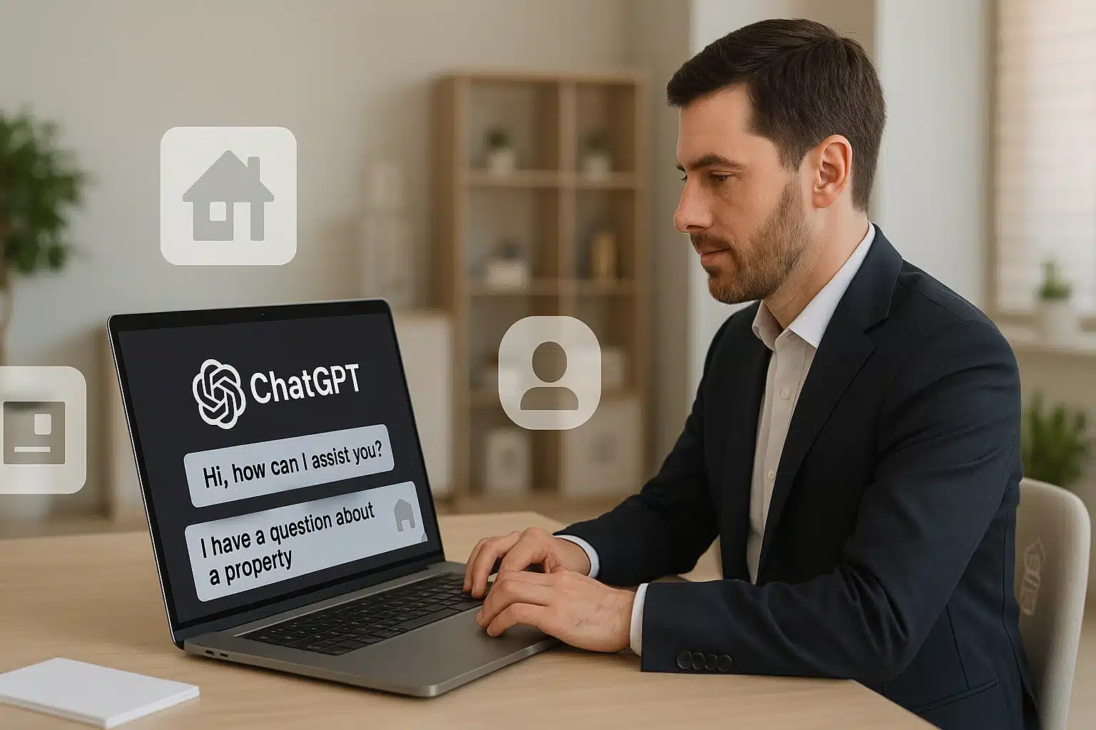 A professional real estate agent using ChatGPT on a laptop to manage properties and communicate with clients efficiently