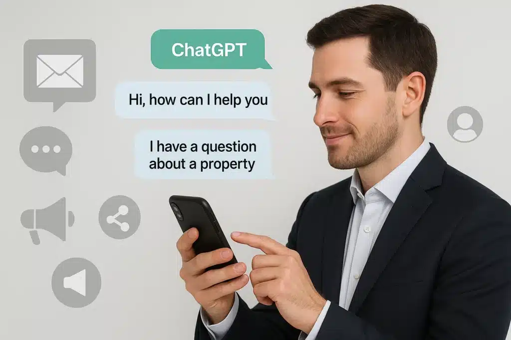 Real estate agent using ChatGPT on smartphone to respond to client messages and manage marketing tasks