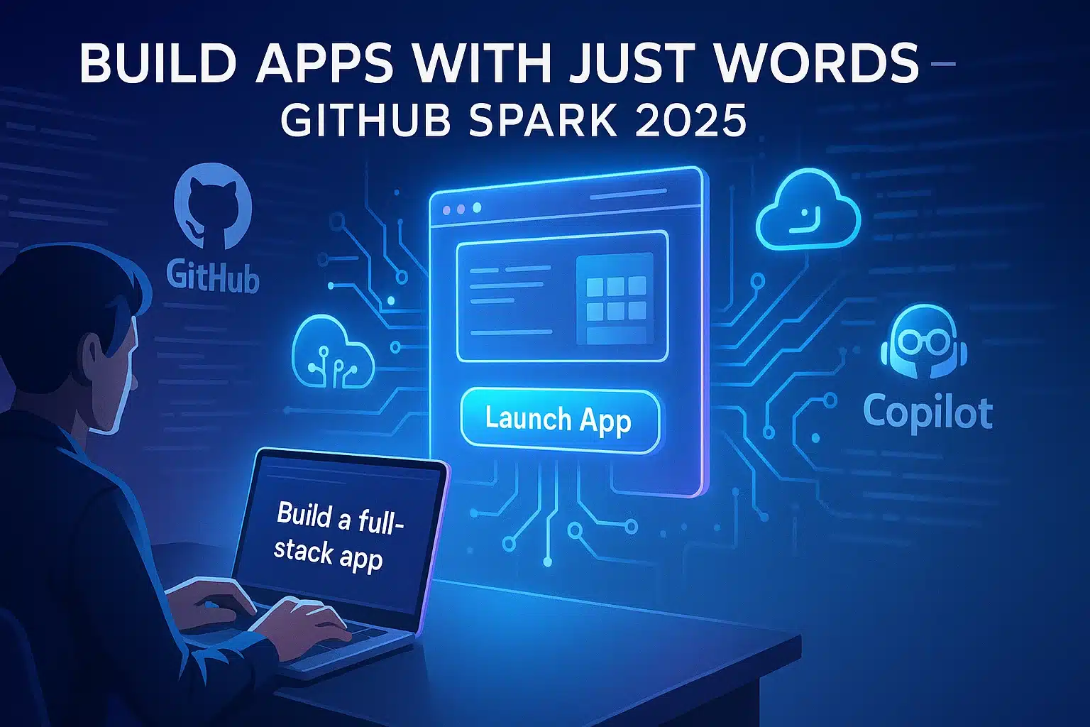Person typing plain English on laptop while AI builds a full-stack app in the air with GitHub Spark and Copilot integration.