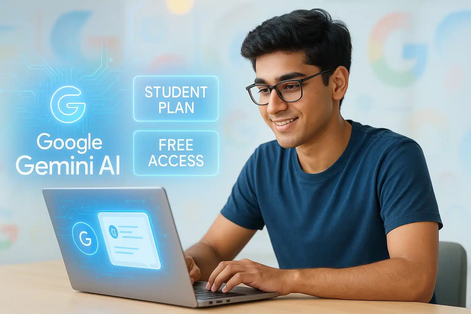 college student using Google Gemini Student Offer on laptop with AI tools for study in 2025