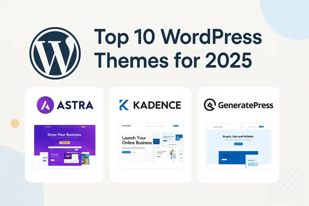 Visual preview of Astra, Kadence, and GeneratePress themes with WordPress logo and “Top 10 WordPress Themes for 2025” heading.