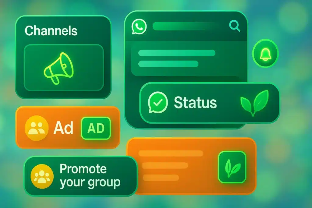 WhatsApp status ads interface with channel promotion and advertising elements